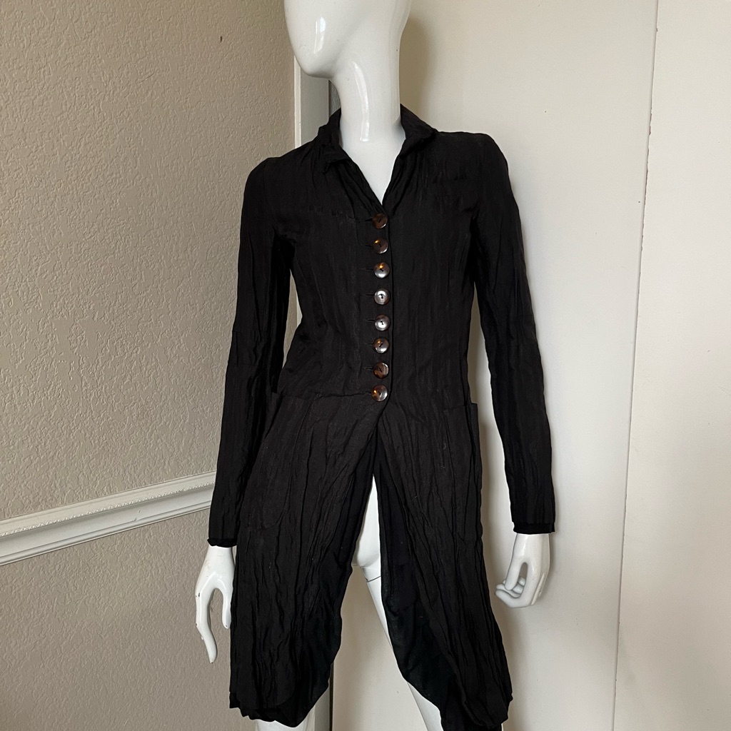 Trelise Cooper Vintage! Black Crinkled Cotton Buttoned Duster Coat Sz 4